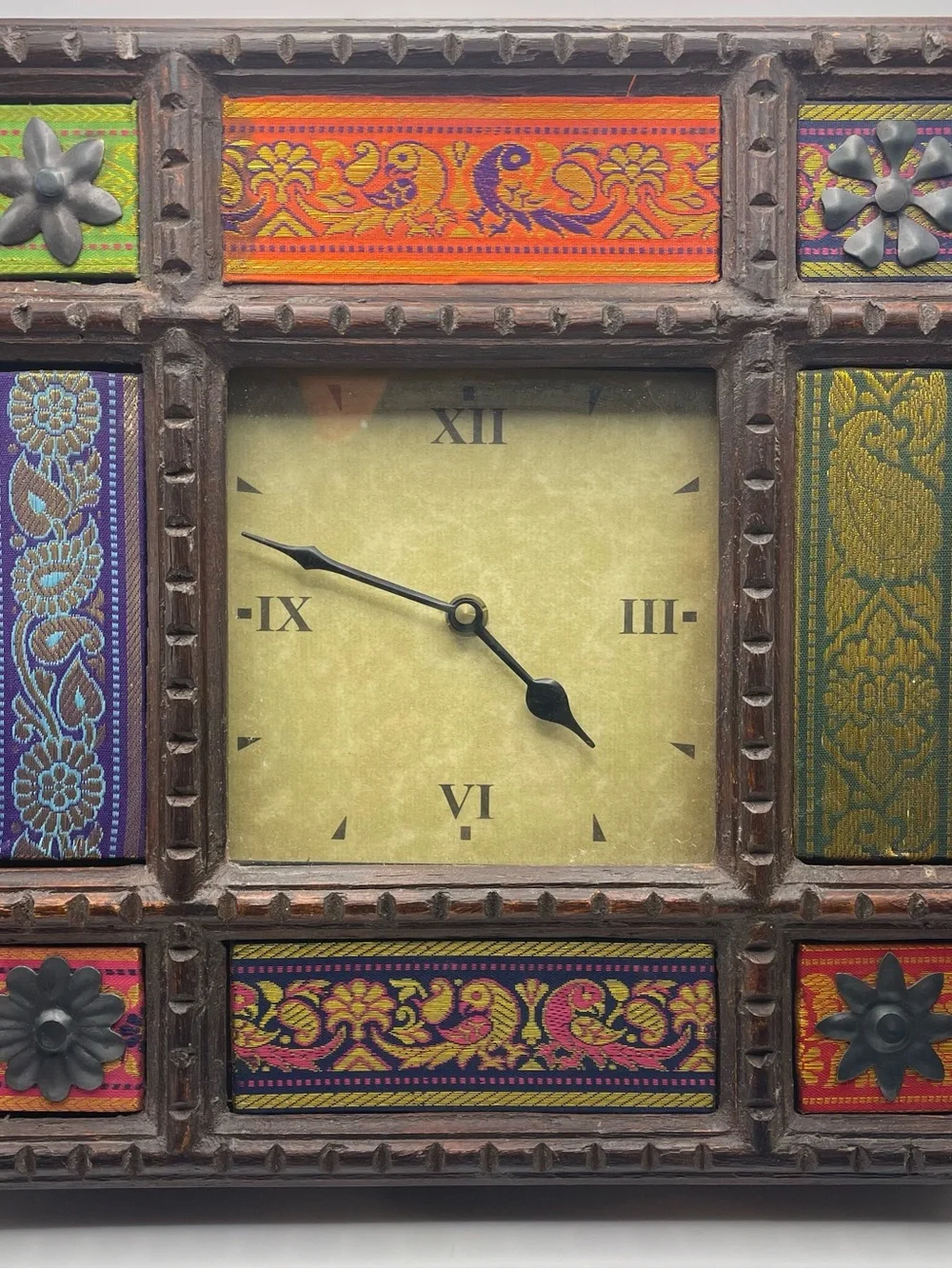 Case India Carved Wood Wall Clock Quartz Movement Bohemian Fabric (Working)
